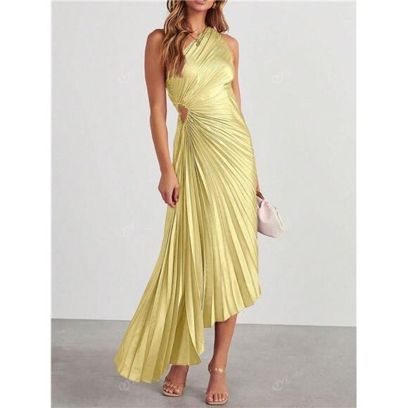 Dresses & Skirts - NEW - Elegant Yellow Pleated Ruffle Hem Asymmetrical Neck Dress